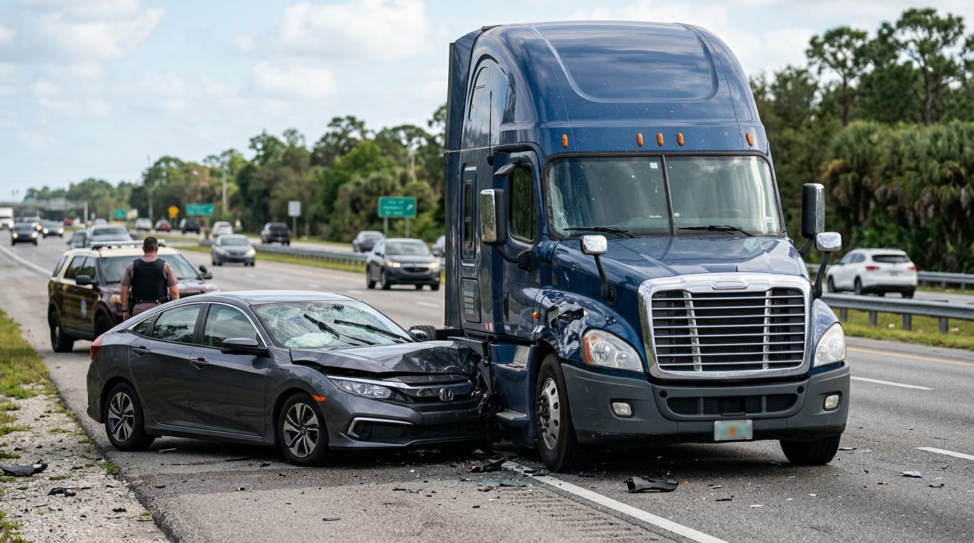 Damaged semi truck and passenger vehicle after collision on Florida roadway.