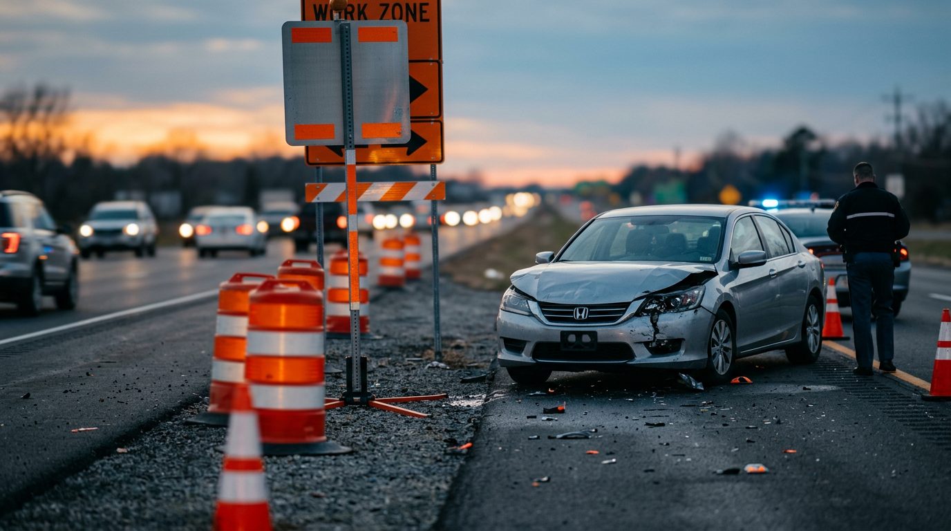 Damaged vehicle in highway work zone with orange barrels and lane-closure signs at dusk.