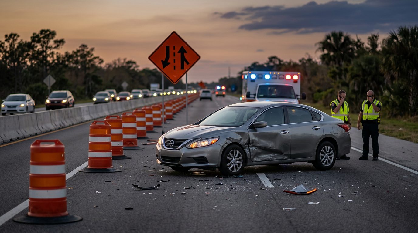 Damaged vehicle in highway work zone with orange barrels and lane-closure signs at dusk.