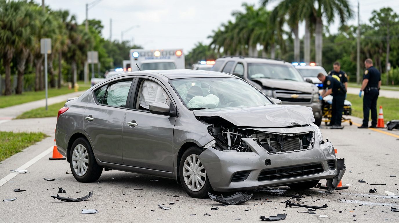 Damaged vehicle with deployed airbags after a serious car accident.