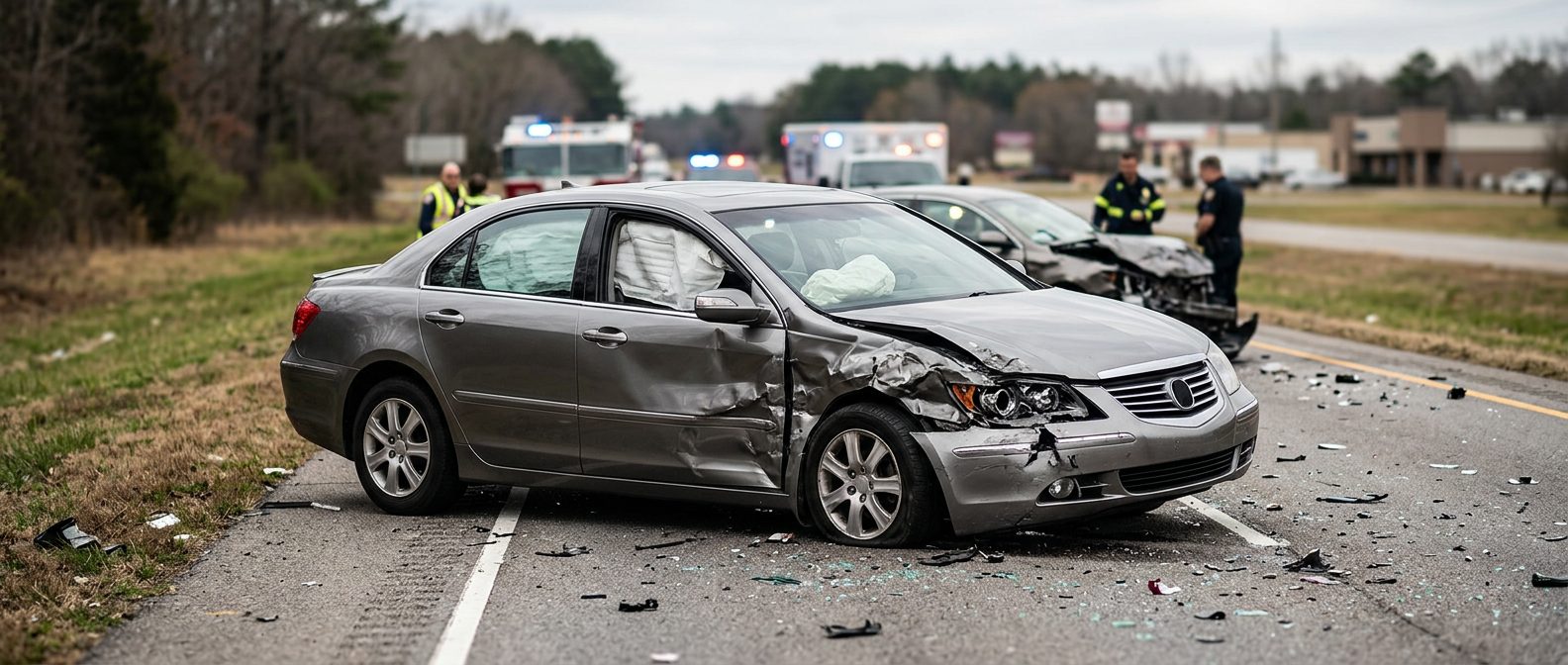 Damaged vehicle with deployed airbags after a serious car accident.