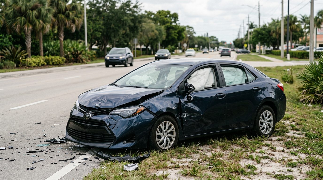 Damaged vehicle with deployed airbags after serious car accident.