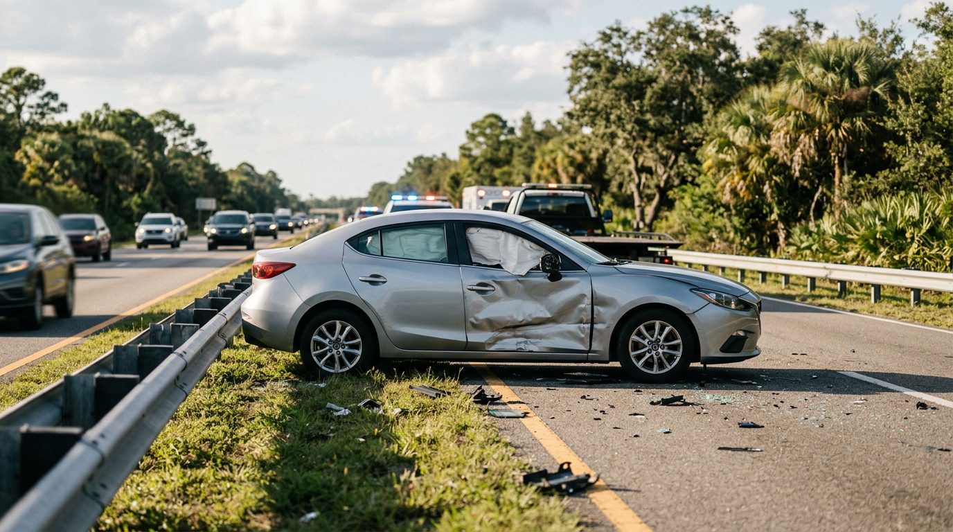 Deployed airbags and damaged passenger vehicle after a serious car accident.