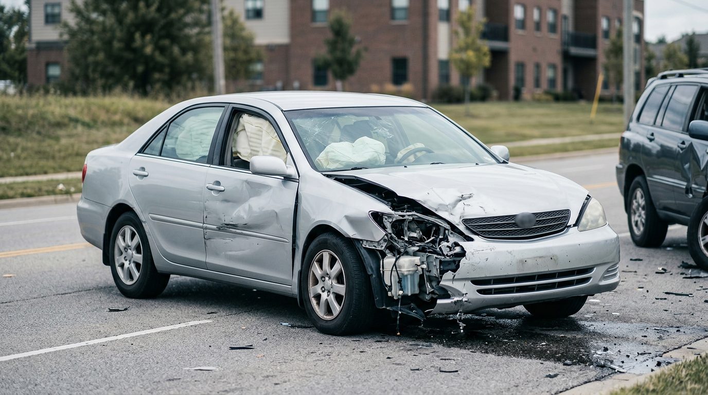 Deployed airbags in damaged vehicle after car accident.