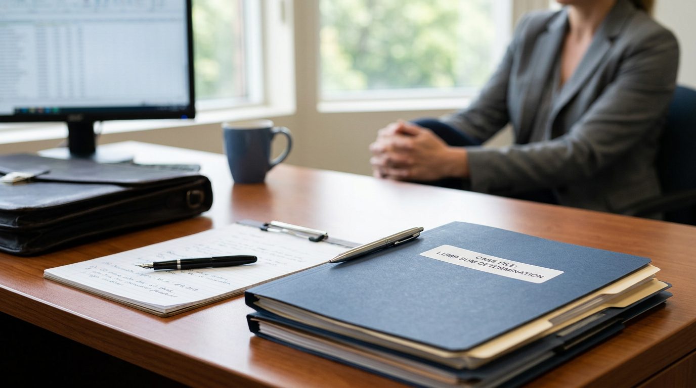 Desk with legal documents, calculator, and pen for settlement negotiation.