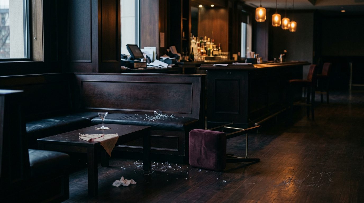 Dimly lit empty nightclub bar with stools, glasses, and bottles on the counter.
