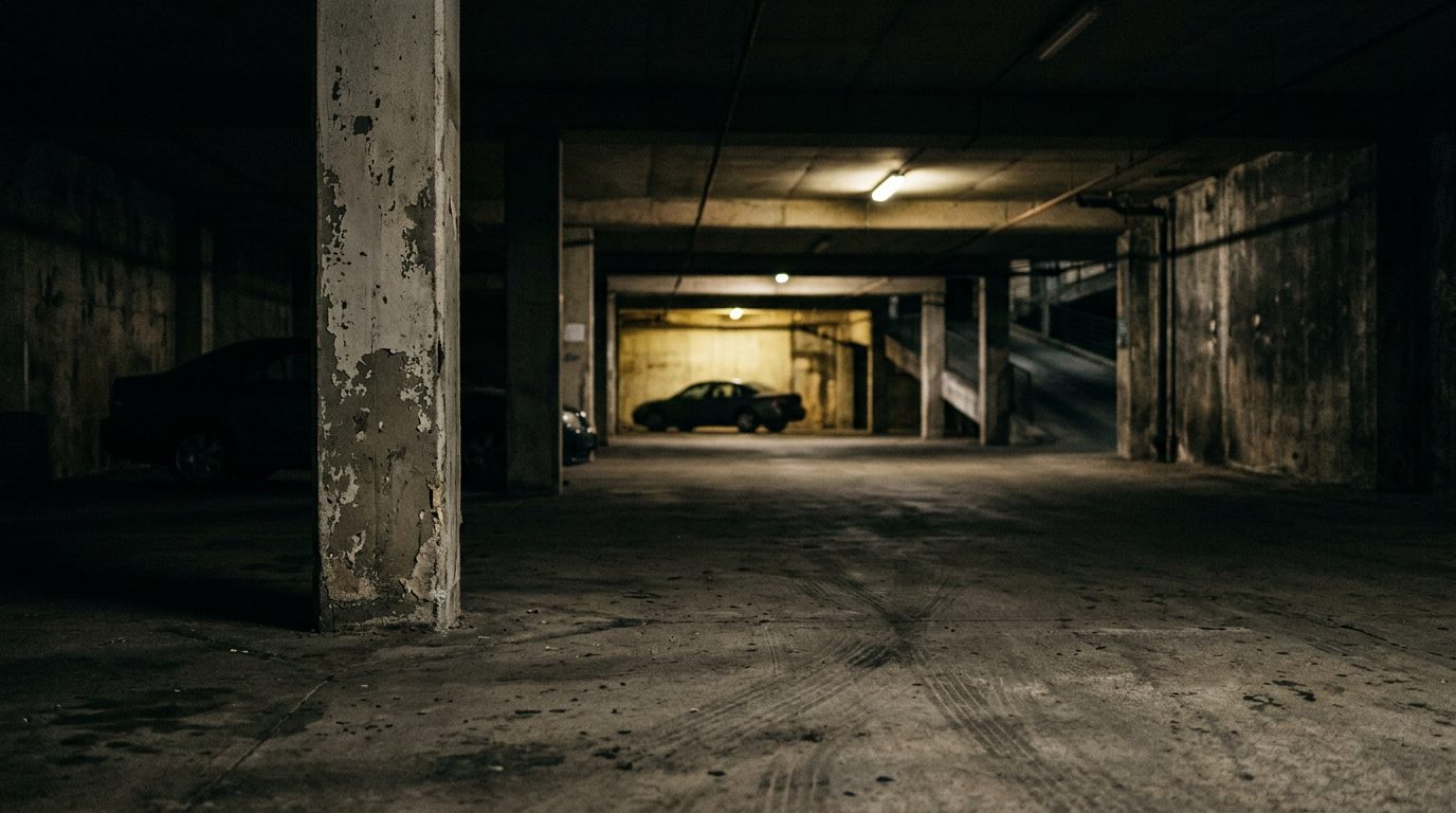Dimly lit parking garage at night with inadequate lighting.