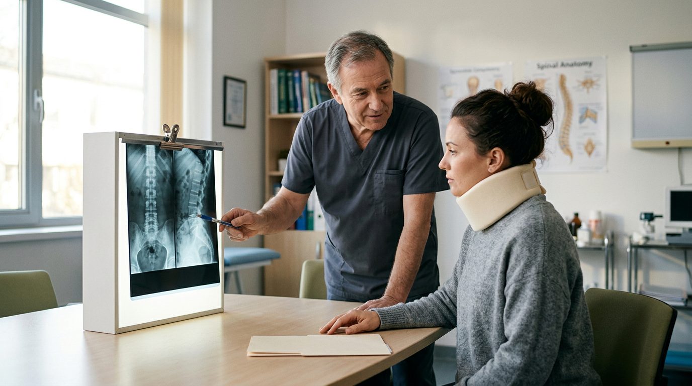 Doctor and patient reviewing spine X-rays during consultation in medical office.