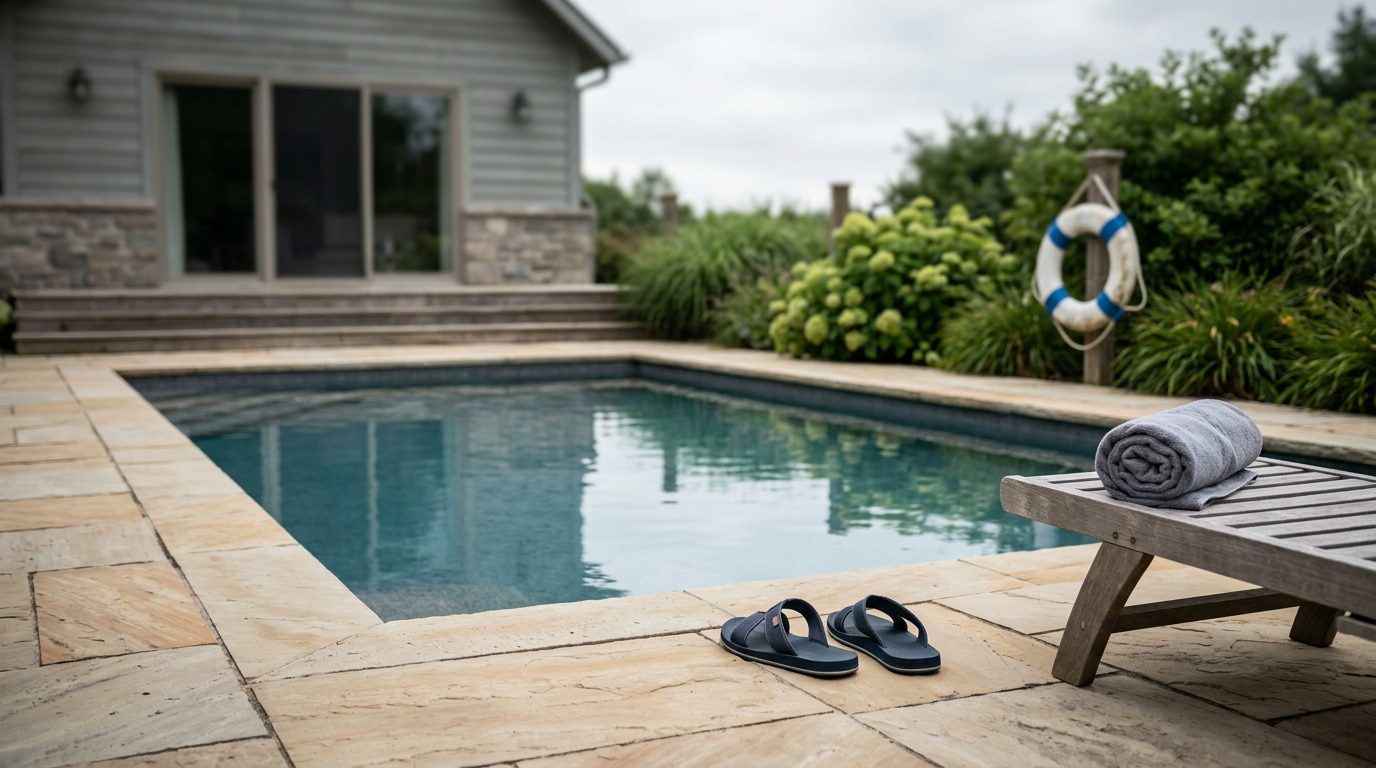 Empty backyard pool at a vacation rental home with lounge chairs and an unlatched gate.