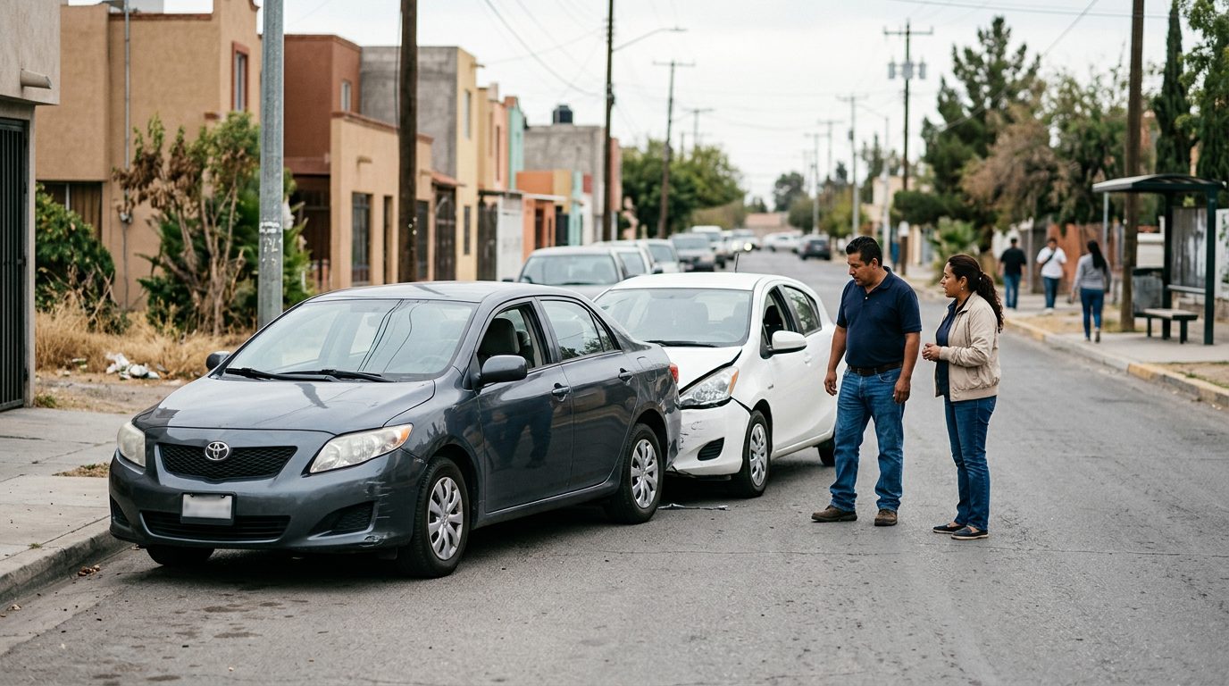 Escena de accidente vehicular con vehículos dañados en la calle.