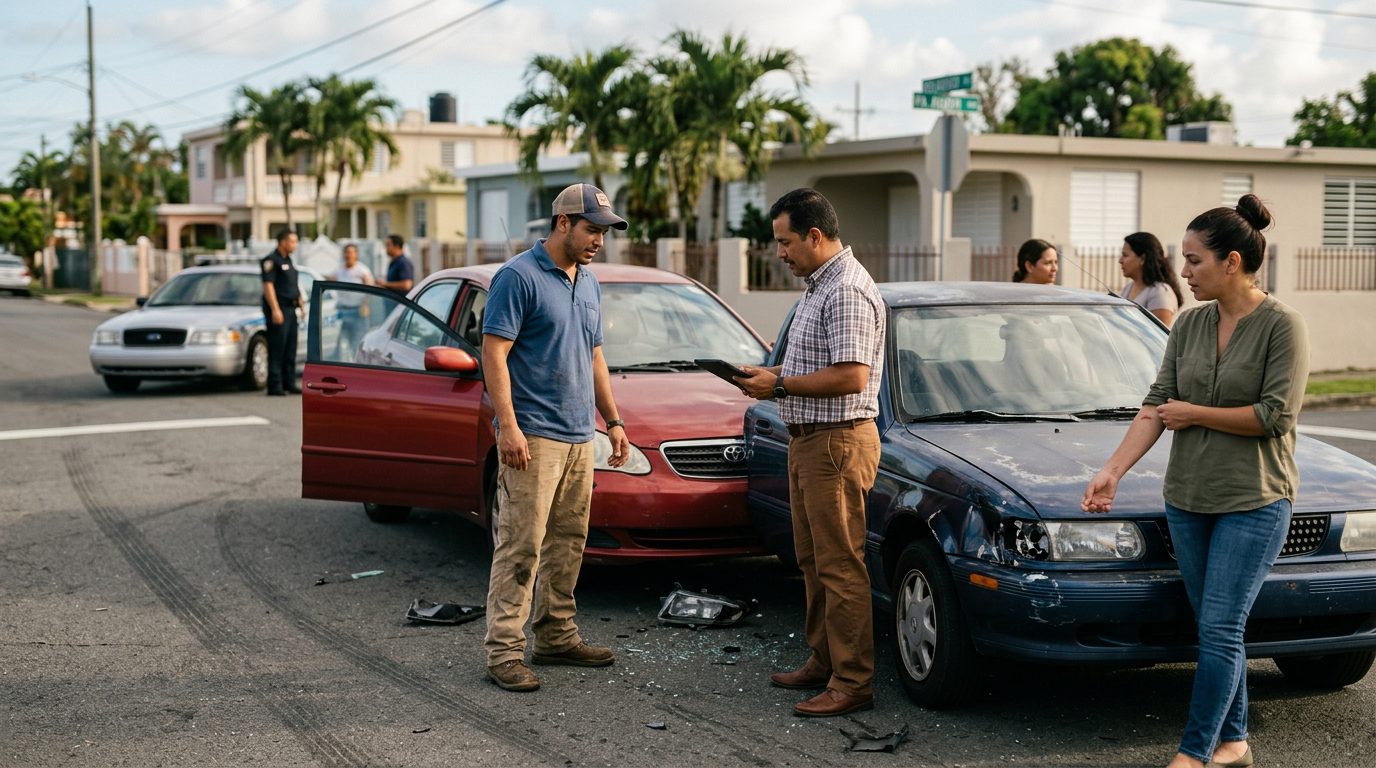 Escena de accidente vehicular con vehículos dañados en la carretera.
