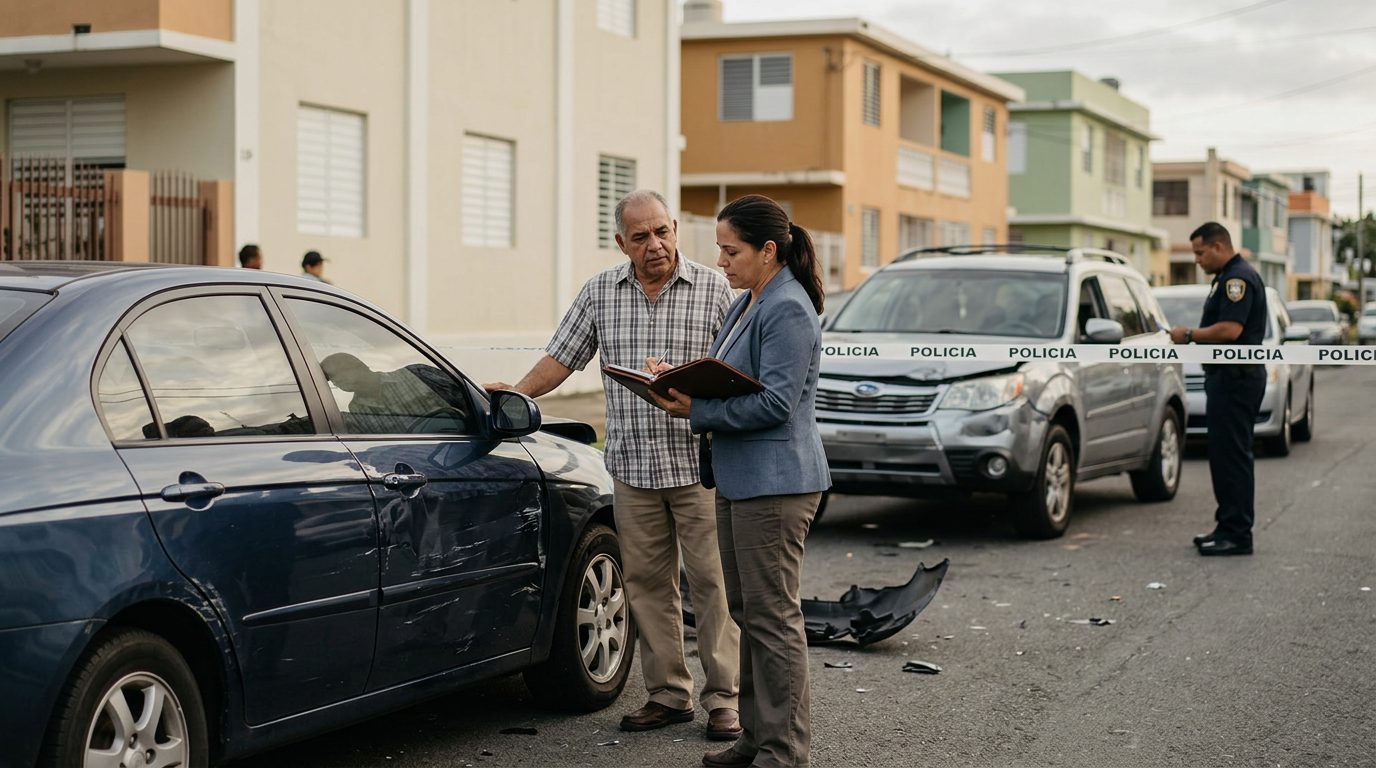 Escena de accidente vehicular con vehículos dañados y personas conversando en la calle.