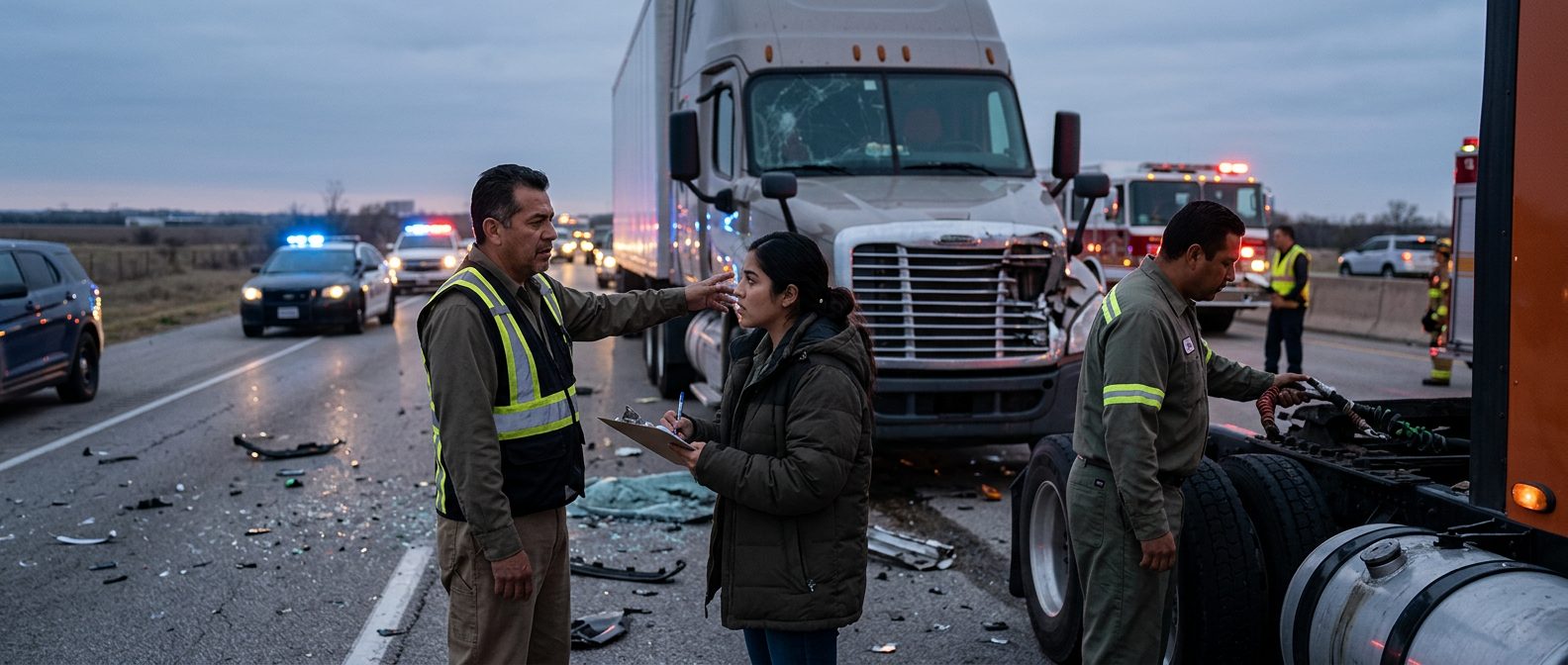Escena de colisión grave de camión comercial en carretera al atardecer con personas.