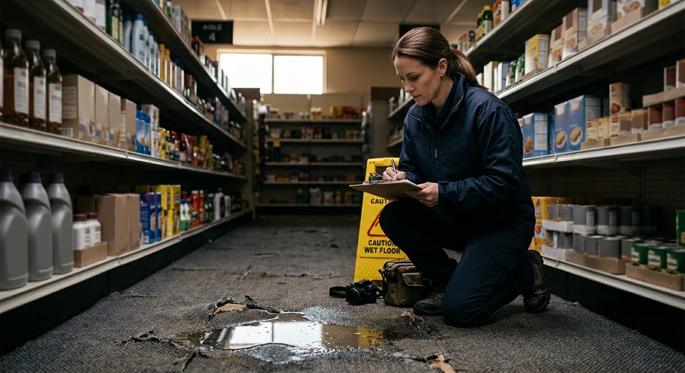 Facilities investigator documenting hazards in retail store aisle where slip-and-fall accident occurred.
