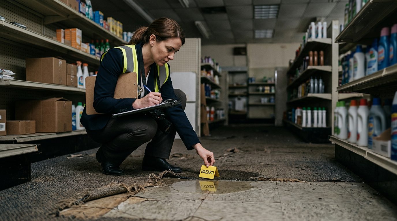 Facilities investigator documenting spill, worn carpet, and poor lighting in retail store aisle.