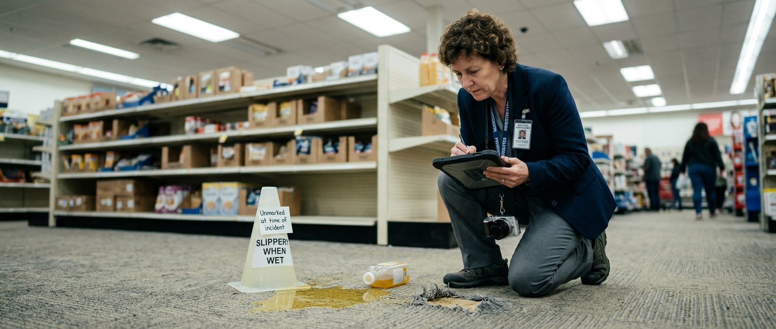 Facilities investigator documenting spilled liquid, worn carpet, and poor lighting in retail store aisle.