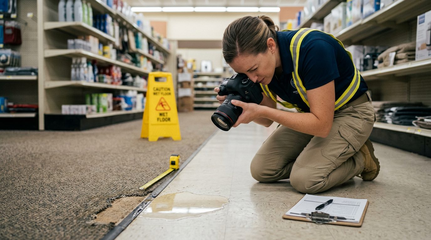 Facilities investigator documenting spilled liquid, worn carpet, and poor lighting in retail store aisle.