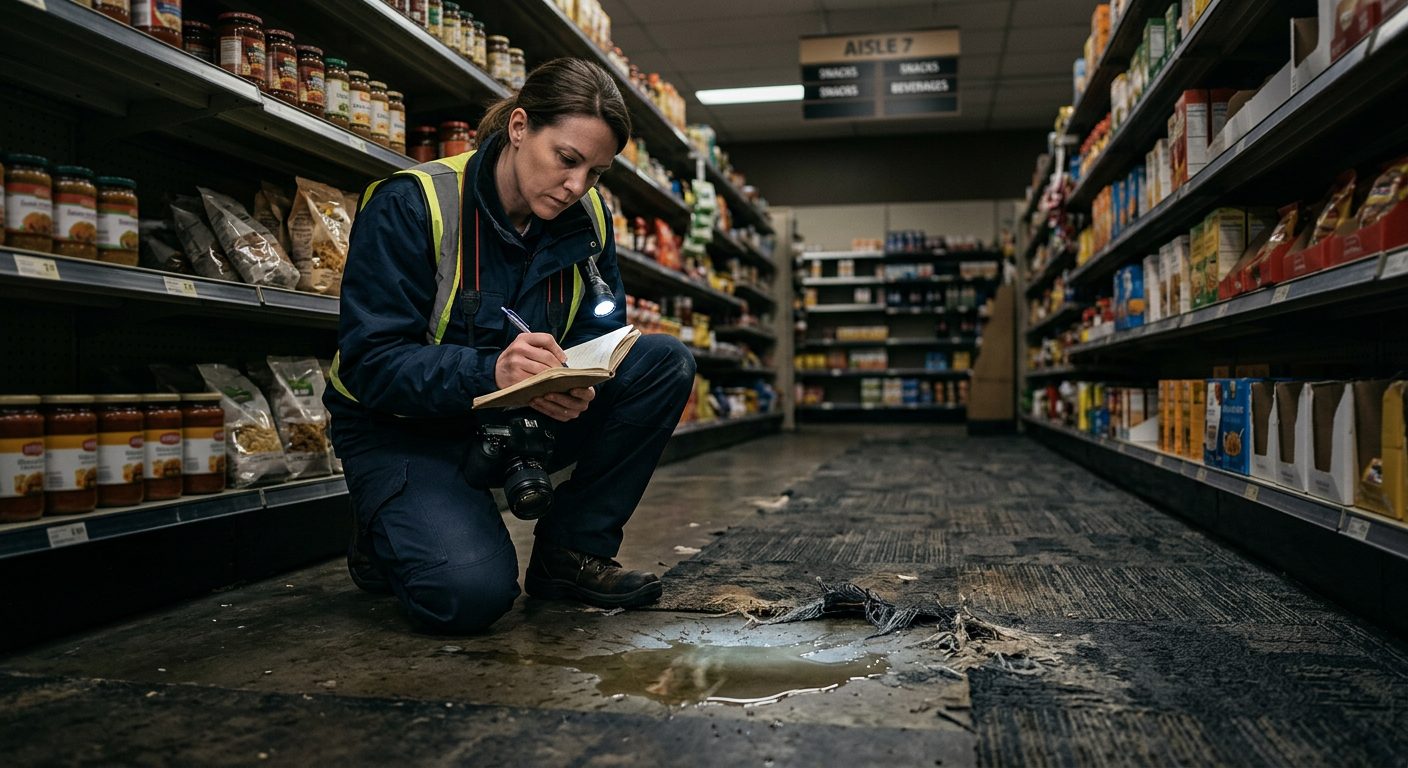 Facilities investigator documenting spilled liquid, worn carpet, and poor lighting in retail store aisle.