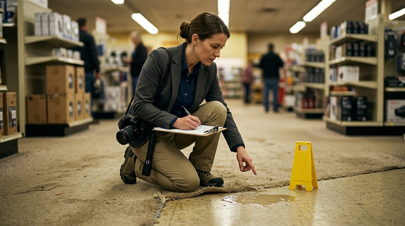 Facilities investigator documenting spilled liquid, worn carpet, and poor lighting in retail store aisle.