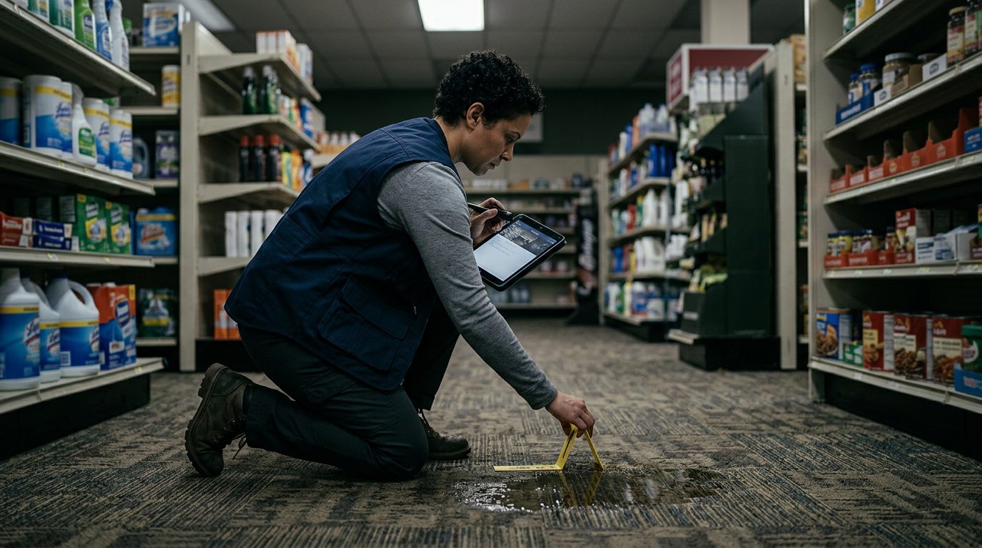 Facilities investigator documenting spilled liquid, worn carpet, and poor lighting in retail store aisle.