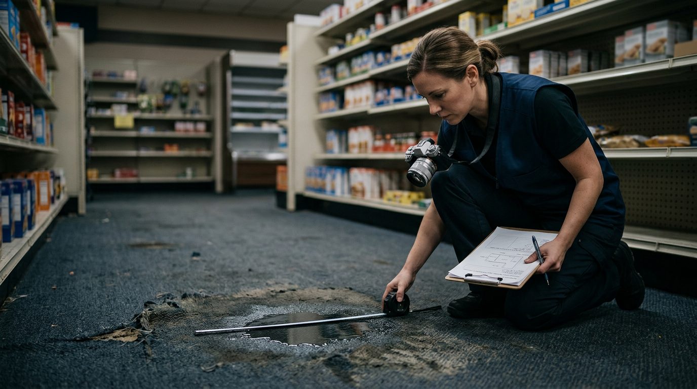 Facilities investigator documenting spilled liquid, worn carpet, and poor lighting in retail store aisle.