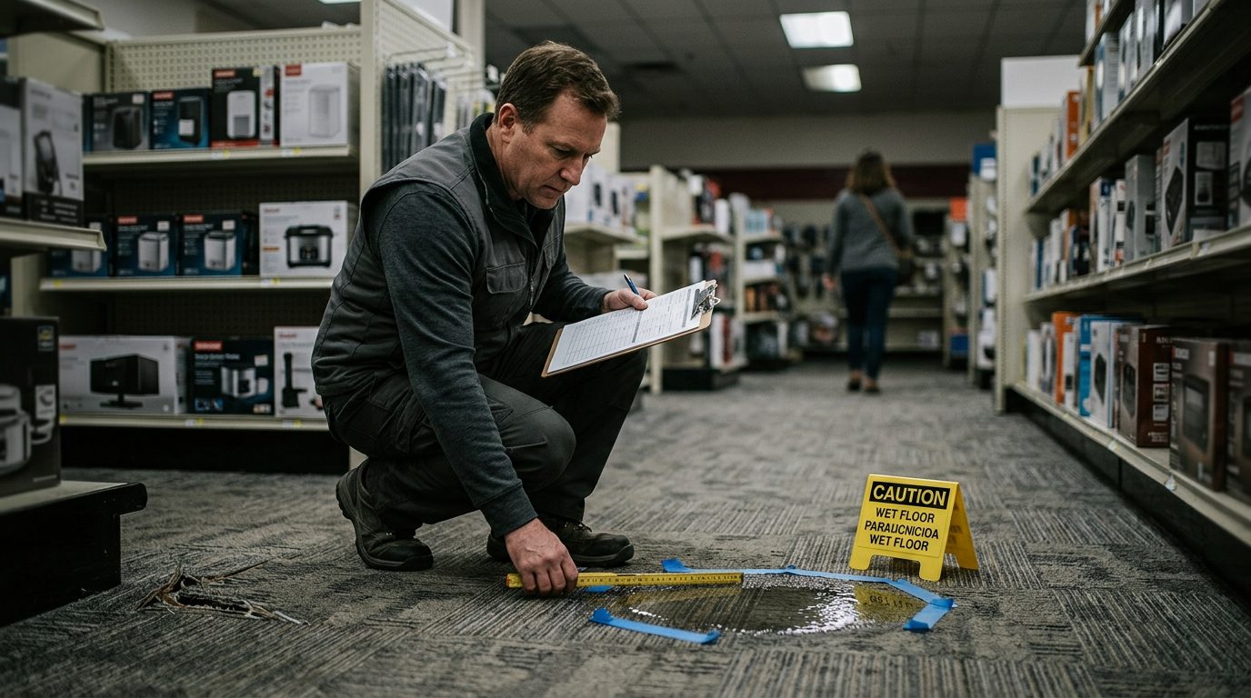 Facilities investigator documenting spilled liquid, worn carpet, and poor lighting in retail aisle.