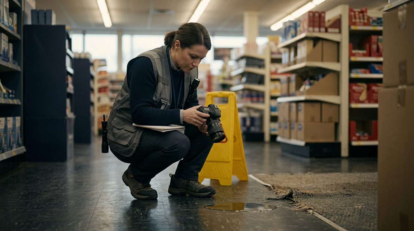 Facilities investigator documenting spilled liquid, worn carpet, and poor lighting in retail store aisle.