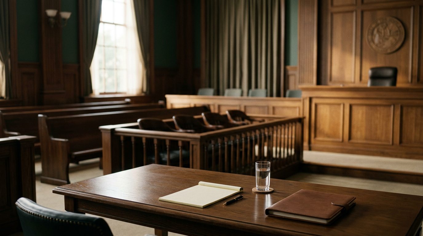 Florida courtroom interior with wooden benches, judge's bench, and legal documents on a table.