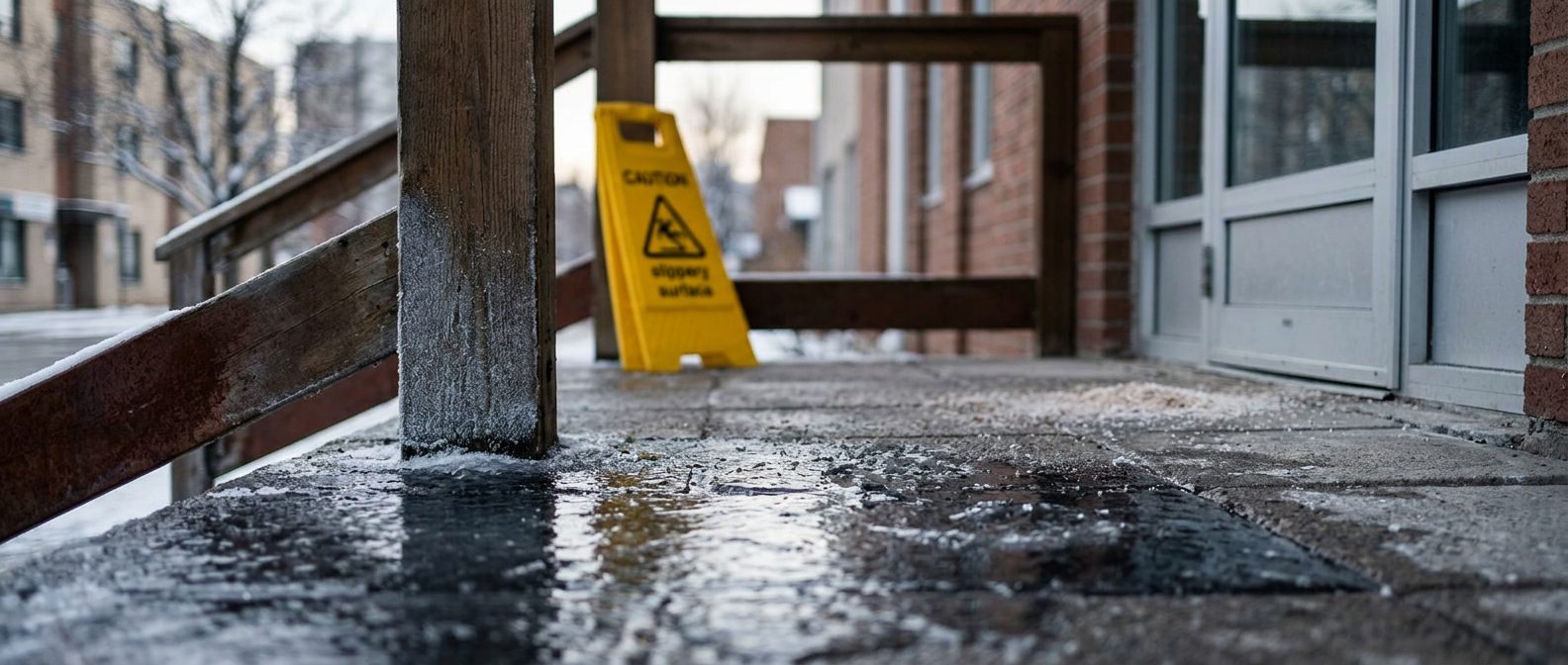 Icy sidewalk with slippery frozen patches along a snow-covered walkway and building entrance.