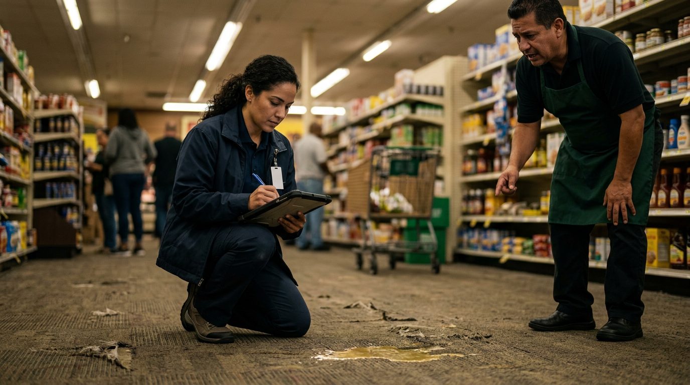 Investigador documenta charco sin señalización, alfombra gastada e iluminación deficiente en pasillo de tienda.