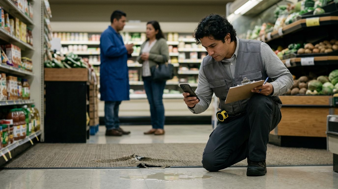 Investigador documenta líquido derramado, alfombra desgastada e iluminación deficiente en pasillo de tienda.