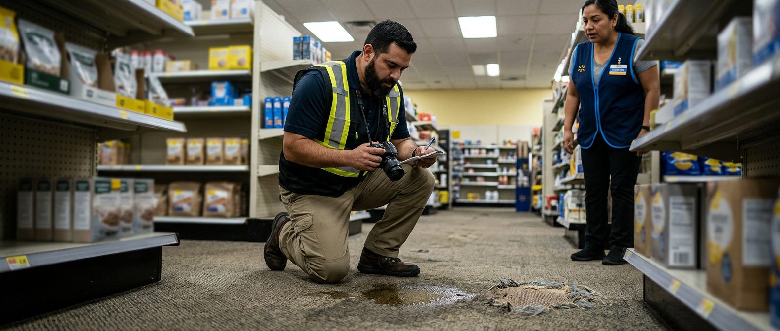 Investigador documenta líquido derramado, alfombra gastada e iluminación deficiente en pasillo de tienda.