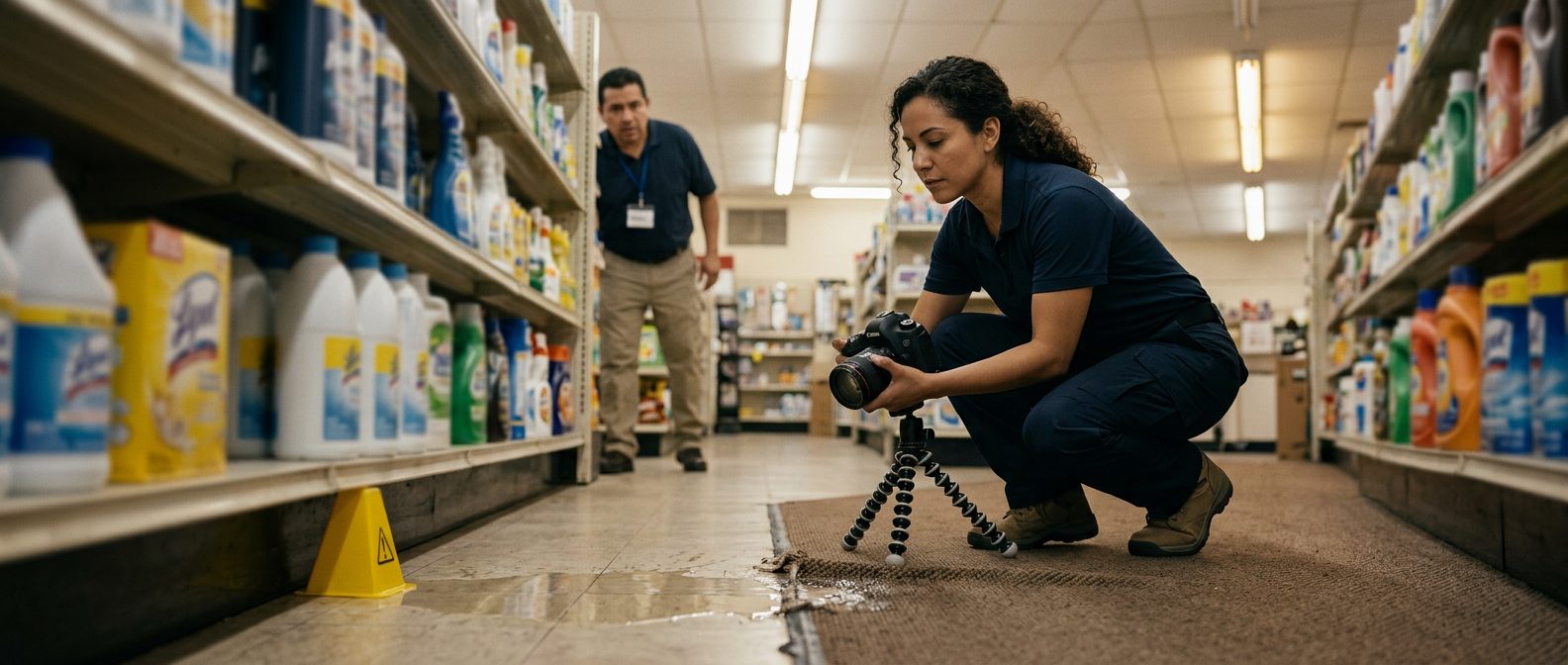 Investigador documenta líquido derramado, alfombra gastada e iluminación deficiente en pasillo de tienda.