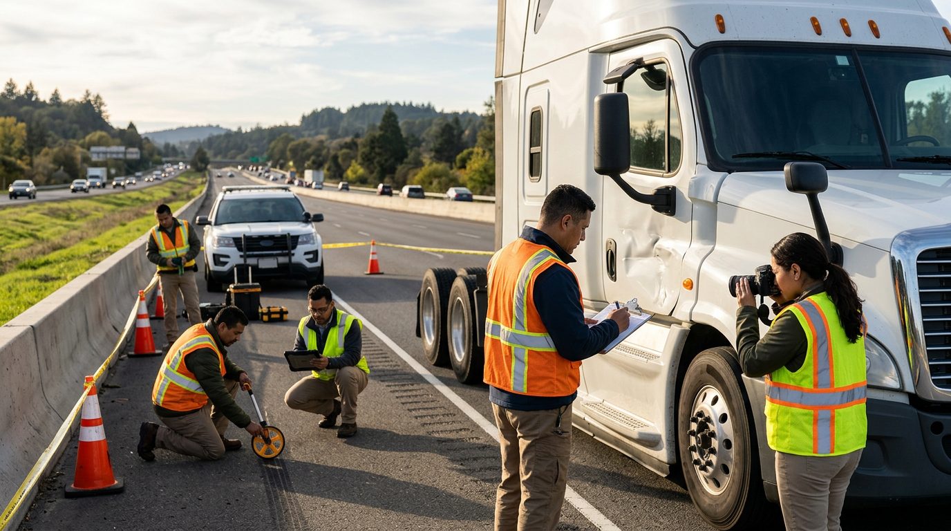 Investigadores documentan colisión de camión comercial en carretera cerrada.