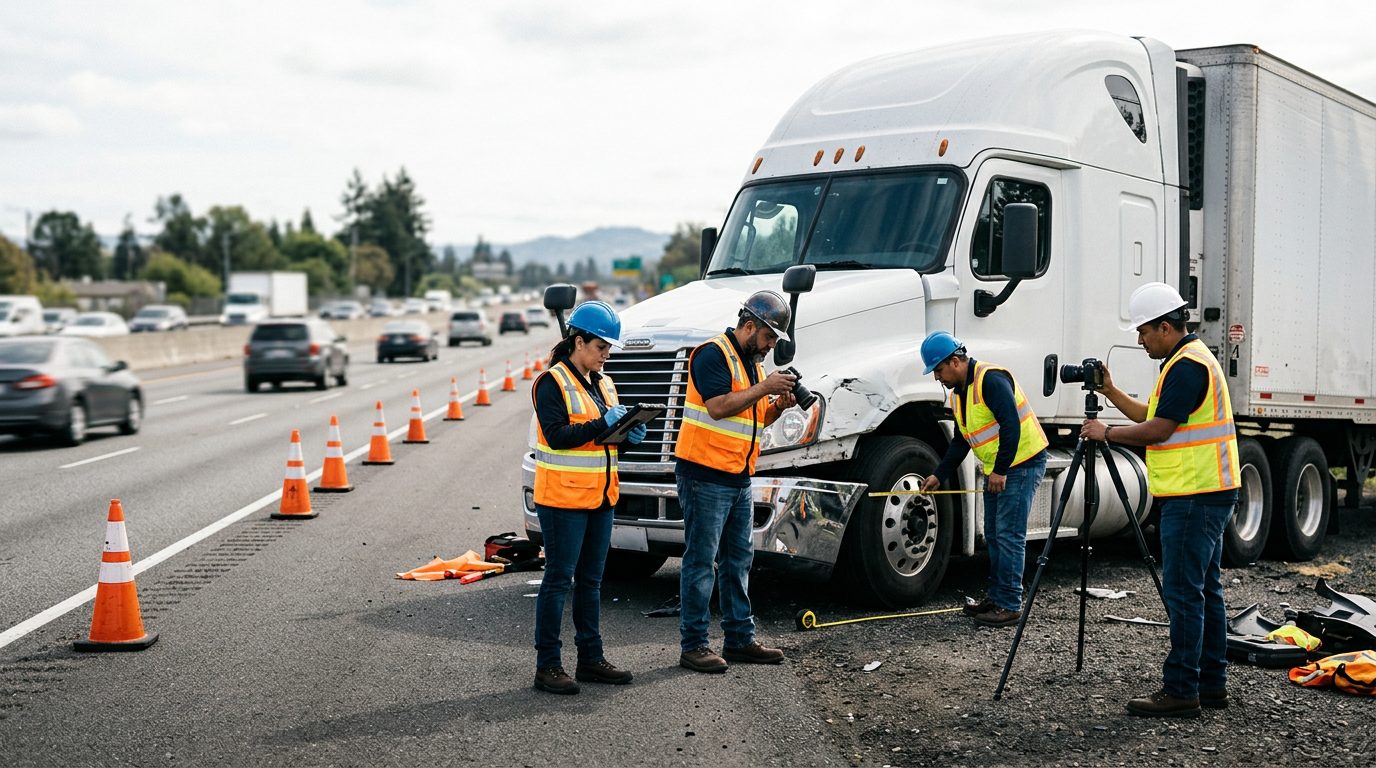 Investigadores documentan colisión de camión comercial en carretera cerrada.