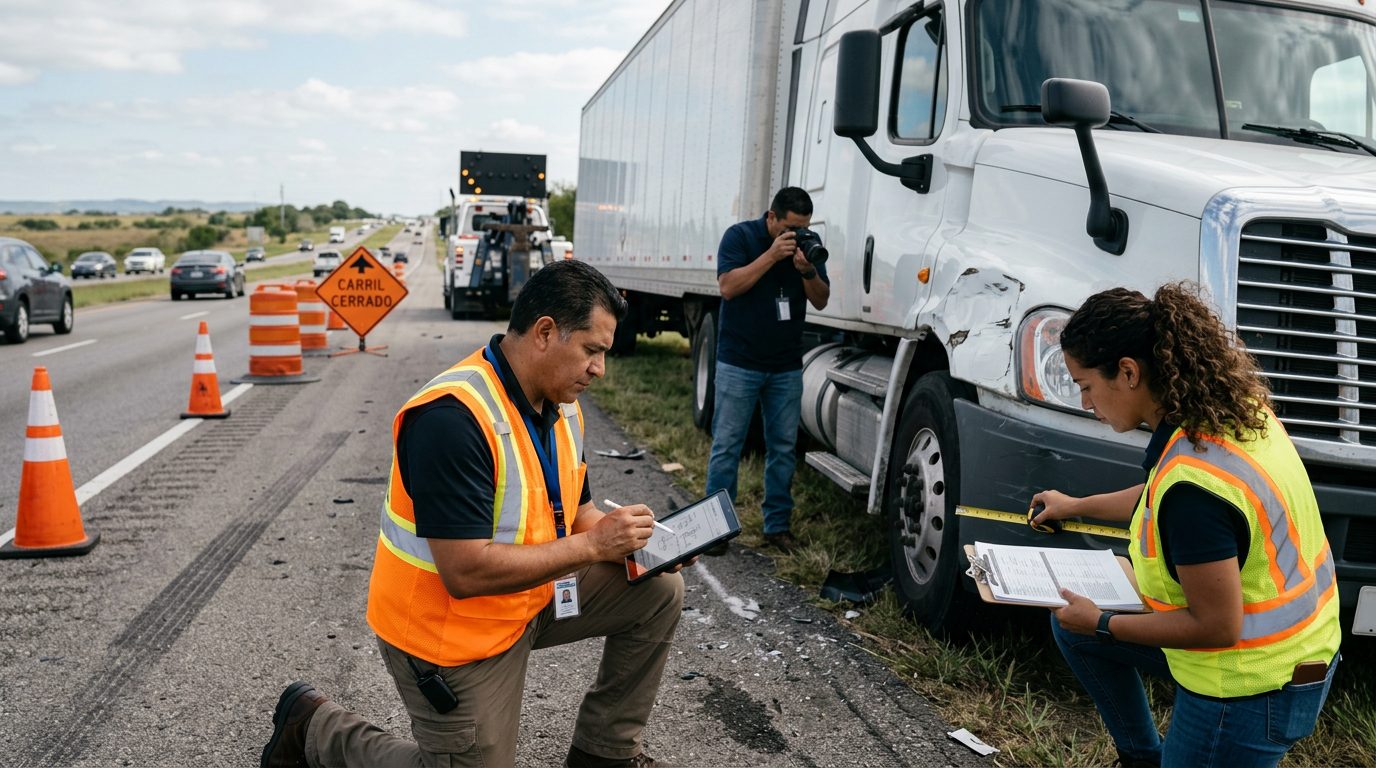 Investigadores documentan colisión de camión comercial en carretera cerrada.