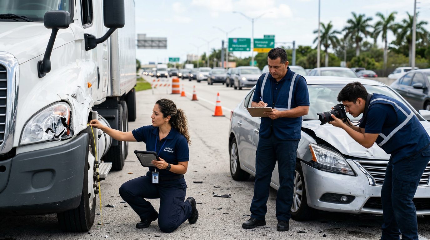 Investigadores documentan colisión de camión comercial en carretera cerrada con personal hispano.