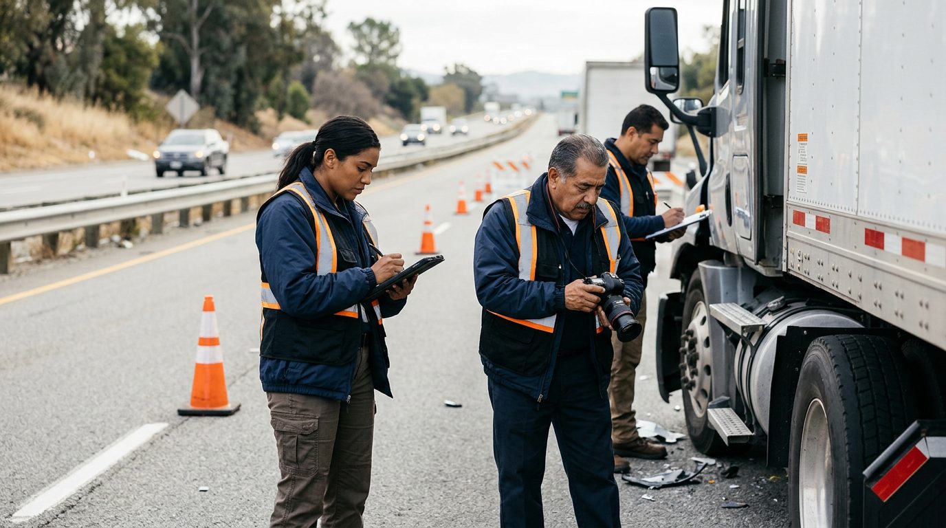 Investigadores documentan colisión de camión comercial en carretera cerrada.