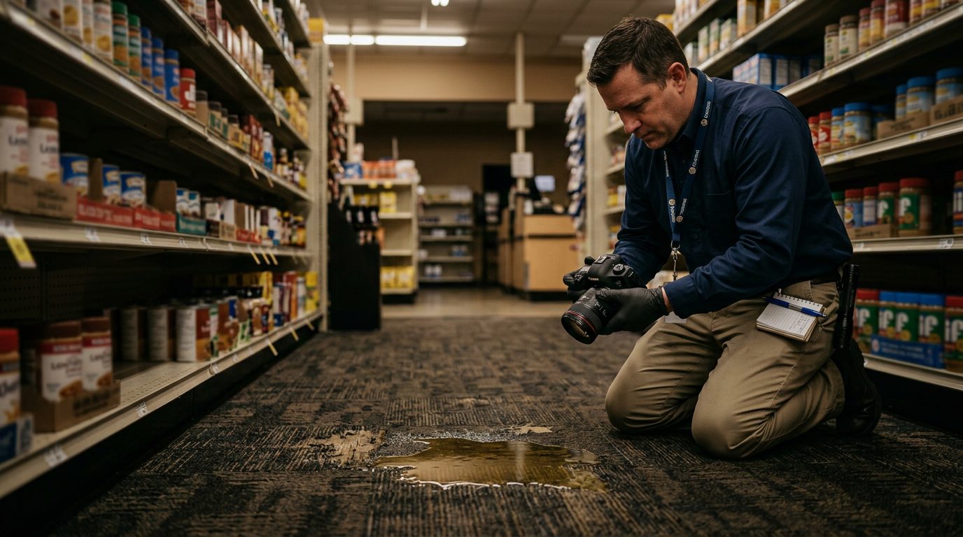 Investigator documenting spilled liquid, worn carpet, and poor lighting in retail store aisle.