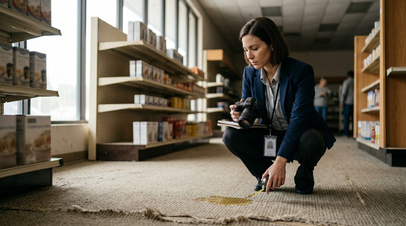 Investigator documenting spilled liquid, worn carpet, and poor lighting in retail store aisle.
