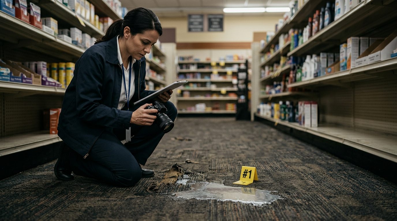 Investigator documenting spilled liquid, worn carpet, and poor lighting in retail store aisle.
