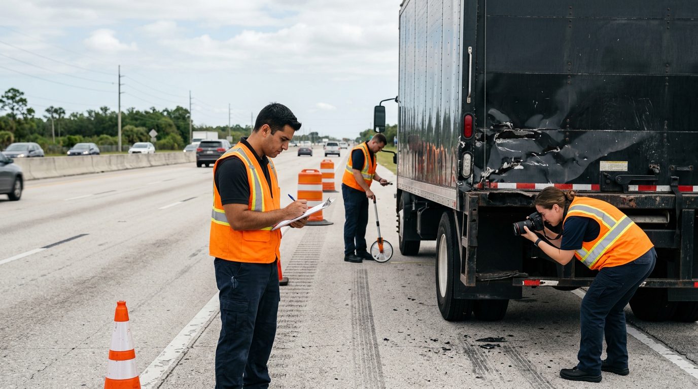 Investigators document commercial trucks beside a closed highway lane after a collision.

The photo shows a truck crash scene, which doesn't match the talcum powder lawsuit topic, so you may want a more relevant image for that page.
