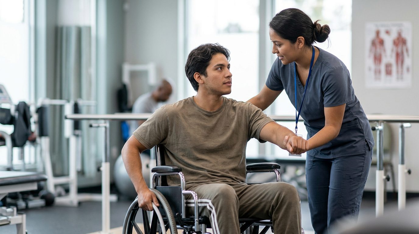 Joven en silla de ruedas con terapeuta en gimnasio de rehabilitación por lesión medular.