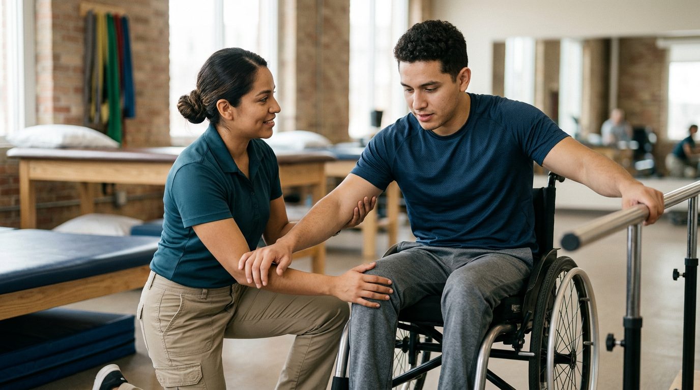 Joven en silla de ruedas durante sesión de rehabilitación con fisioterapeuta en gimnasio.