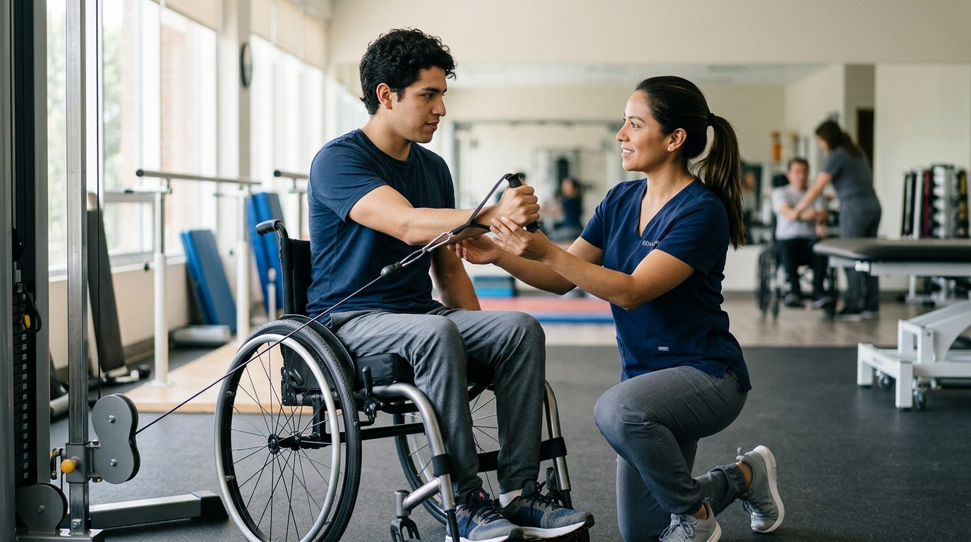 Joven en silla de ruedas durante sesión de rehabilitación con fisioterapeuta en gimnasio.