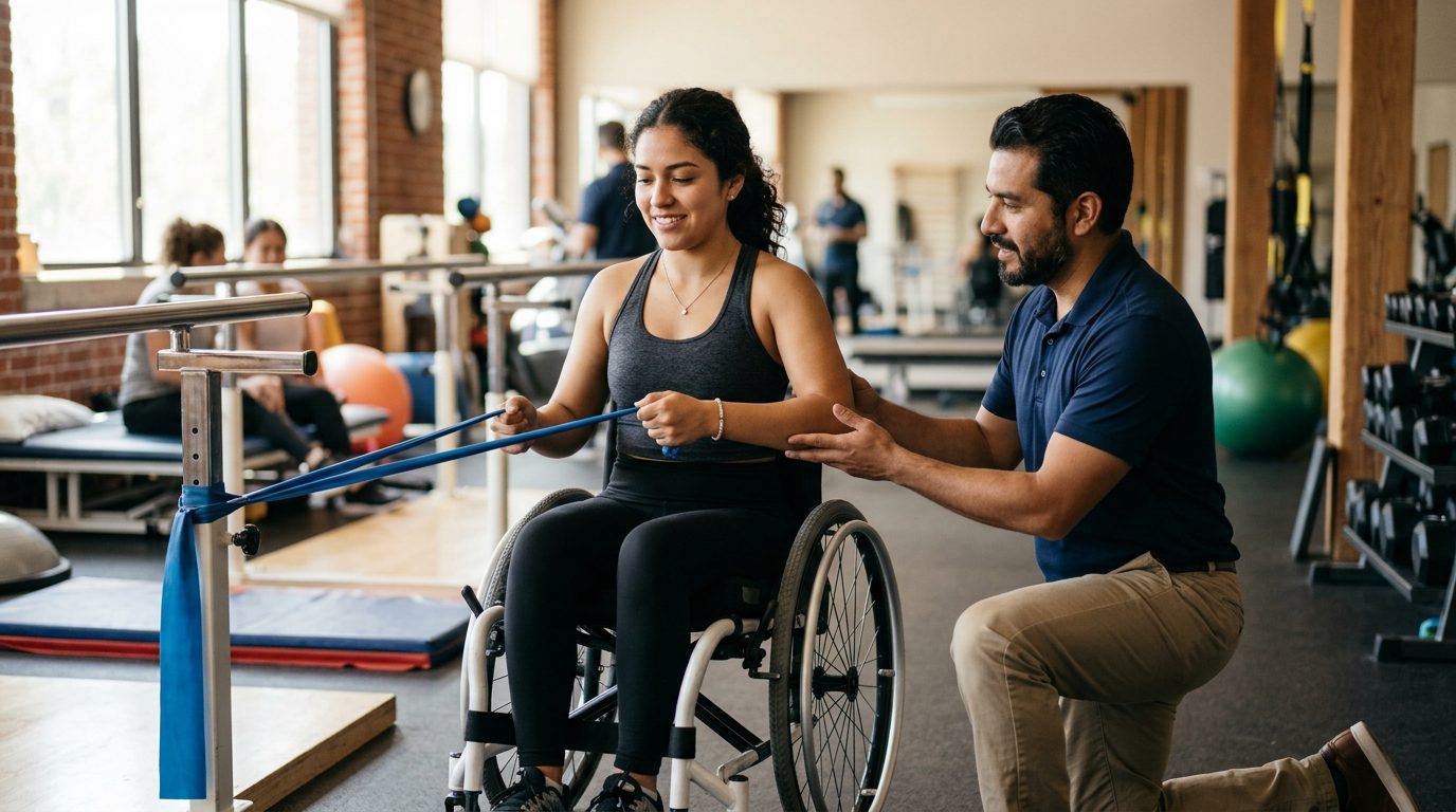 Joven en silla de ruedas durante sesión de rehabilitación de lesión medular con fisioterapeuta.