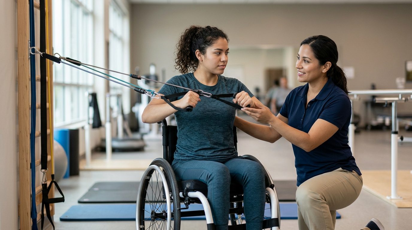Joven en silla de ruedas realizando rehabilitación con fisioterapeuta en gimnasio de lesión medular.