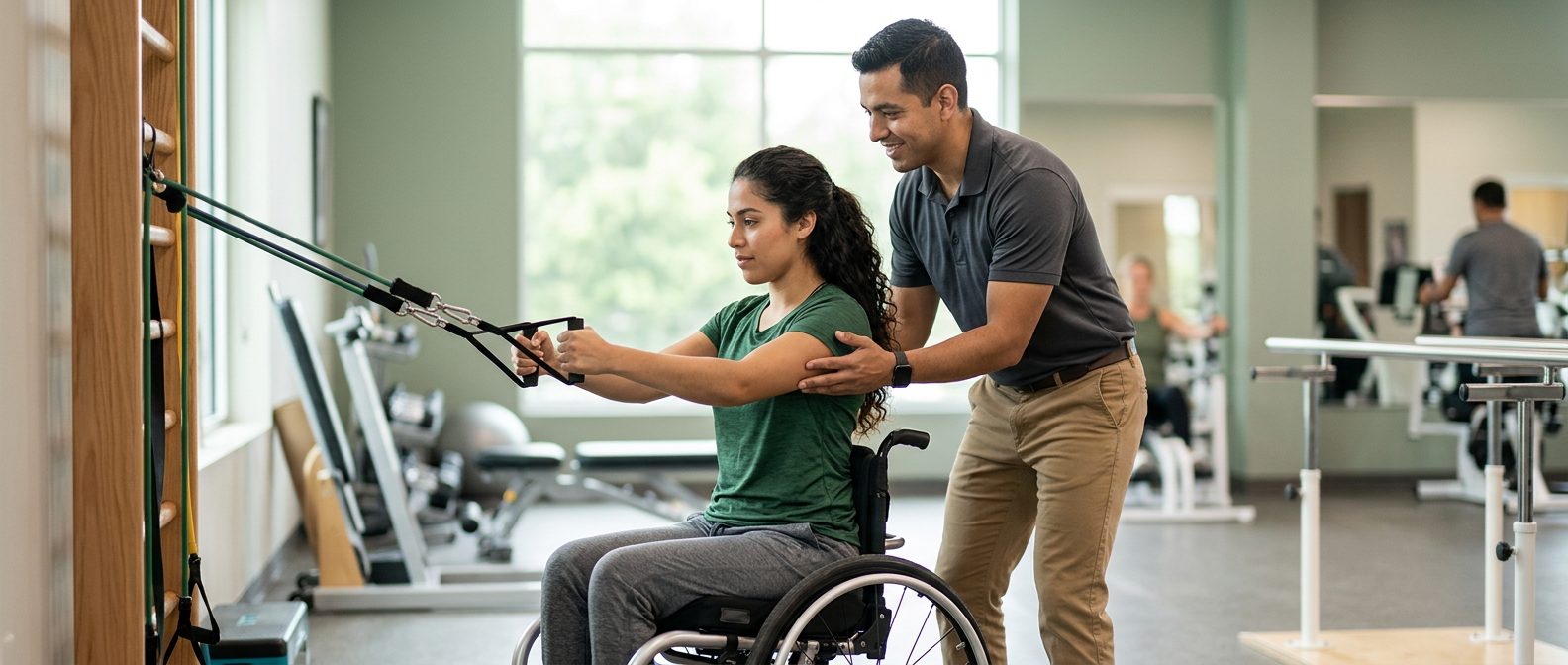 Joven en silla de ruedas realizando rehabilitación con fisioterapeuta en gimnasio especializado.