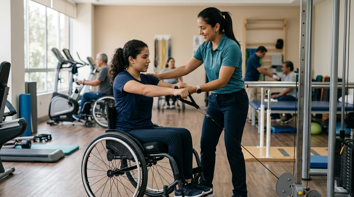 Joven en silla de ruedas realizando rehabilitación de lesión medular con fisioterapeuta.