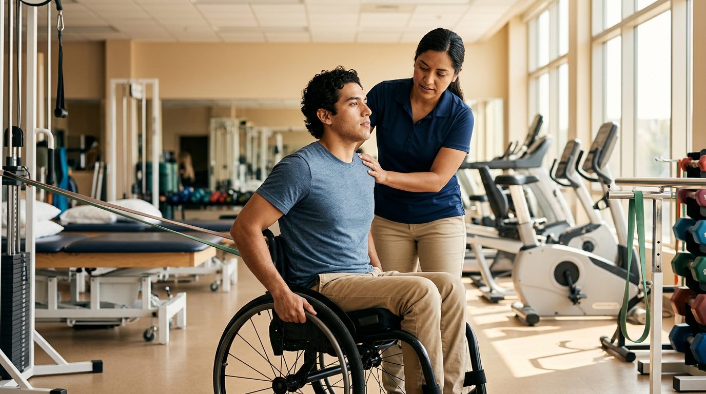 Joven en silla de ruedas trabajando con terapeuta en gimnasio de rehabilitación de lesión medular.